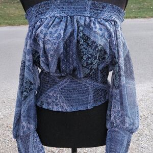 American Eagle Outfitters Blue Patterned Off-Shoulder Blouse